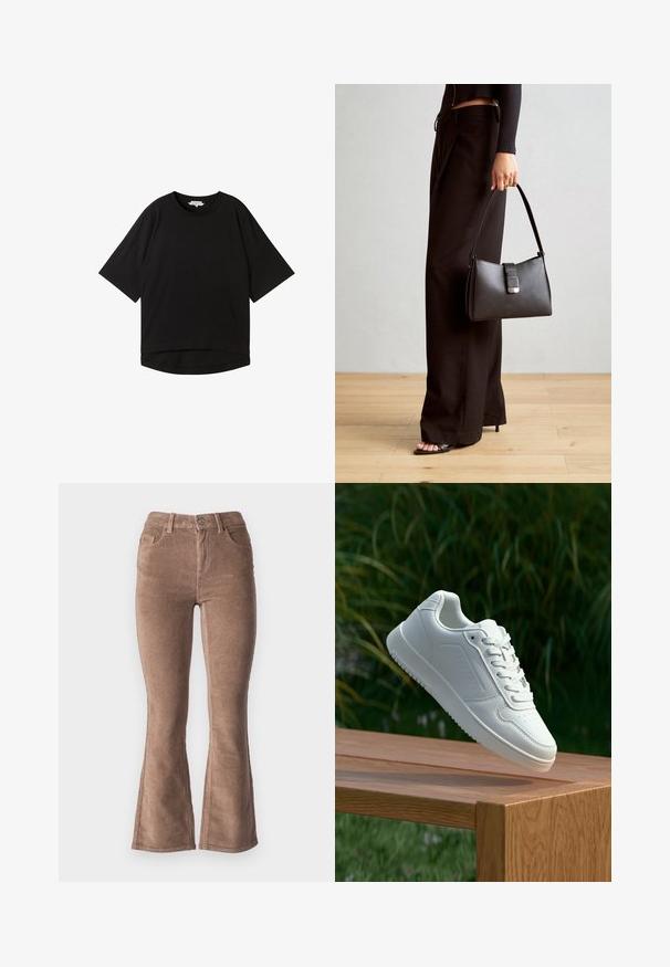Must have lühikeste varrukatega must t-särk, millel on lõdva lõikega, ümmargune kaelus ja kergelt kõver äär. Valmistatud pehmest ja tekstureeritud kangast.; Pruunid nõelrätikust laiad püksid ribakujulise tekstuuriga, kõrge vöökoht, viis taskut ja ees olev nööp kinnitamine.; Valged sneakerd, millel on sile sünteetiline ülemine osa, väikeste aukudega varvaskast, lamedad paelad ja tekstuuriga tald, eksponeeritud puidust pinnal.; Must musta kott, millel on struktureeritud kuju, sile tekstuur ja metallist klamber. Kombineeritud laiate mustade pükstega ja avatud varvaste sandaalidega puidust põrandal.