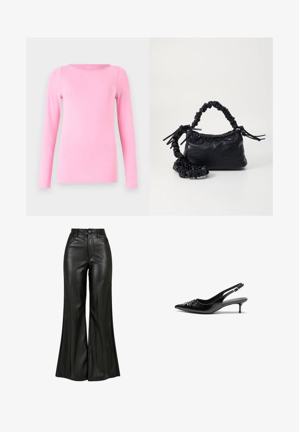 GAP BATEAU - Ilgarankovis viršutinės dalies drabužis - parisian pink; Juodi odiniai pločio kojos keliai su lygiomis tekstūromis, turintys aukštą juosmenį, mygtuko užsegimą ir priekinėmis kišenėmis. Plati kojų konstrukcija ir blizgus apdaila.; Juodos odinės slingback aukštakulniai su smailiu nosiu, mažais katės kulnais ir dekoratyvine mazgo detale priekyje. Visas paviršius lygus.; Juodas dirbtinės odos rankinė su krokodilo tekstūra, sušnibždinta viršuje ir susikraipytu dirželiu. Atrodo minkšta ir kompaktiška.