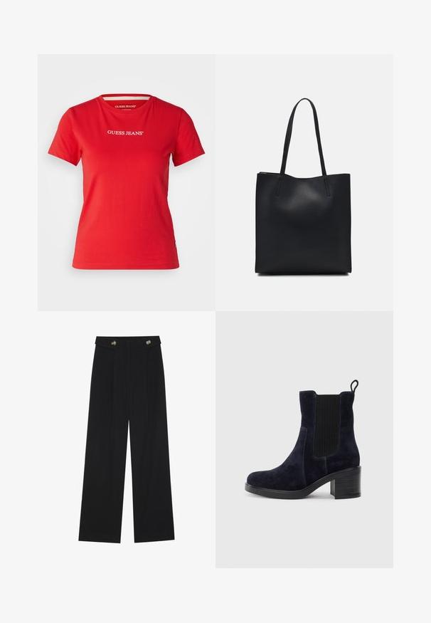 Guess Jeans SLIM czerwony; Czarne szerokie spodnie z wysokim stanem, z detalami w postaci guzików na pasku oraz plisami z przodu.; Granatowo-niebieski zamszowy botek za kostkę z elastycznym bocznym panelem, zaokrąglonym noskiem i słupkowym obcasem. Teksturalna tkanina i gładka podeszwa dodają kontrastu.; Czarna skórzana torba tote o gładkiej fakturze, prostokątnym kształcie i dwóch długich uchwytach. Brak widocznych elementów metalowych i ozdób.