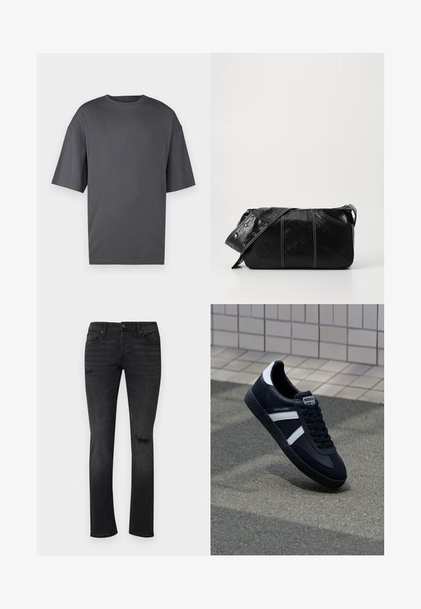 Oversized dark gray T-shirt made of soft cotton, featuring a classic crew neck, short sleeves, and a simple, smooth texture.; Black denim jeans with a slim fit, featuring visible distressed areas at the knees, five pockets, and a standard button and zipper closure.; Black leather sneaker with white stripes, textured rubber sole, and lace-up front. Features a branded label on the tongue.; Black leather shoulder bag with a zip closure, featuring a textured body, white stitching, and a strap with silver grommets.