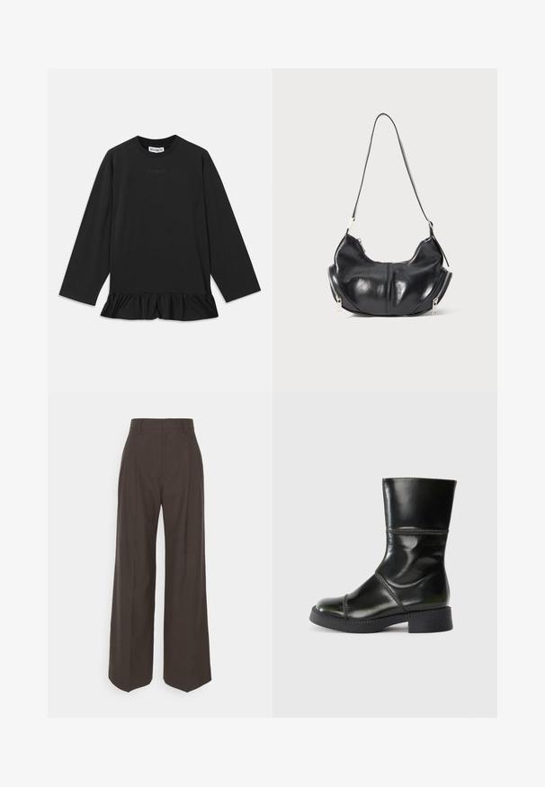 Top negro de manga larga con cuello redondo, dobladillo con volantes y un sutil detalle de texto en la parte delantera. Fabricado con un material suave y cómodo.; Pantalones de pierna ancha de color marrón oscuro con cintura alta, que presentan pliegues bien marcados, una textura suave y un ajuste a medida.; Botín de cuero negro hasta el tobillo con punta redonda, acabado suave, costuras en contraste y un tacón cuadrado, presentando una silueta ligeramente cónica.; Bolso de hombro de cuero negro en forma de media luna con cremalleras plateadas a ambos lados y una sola correa.