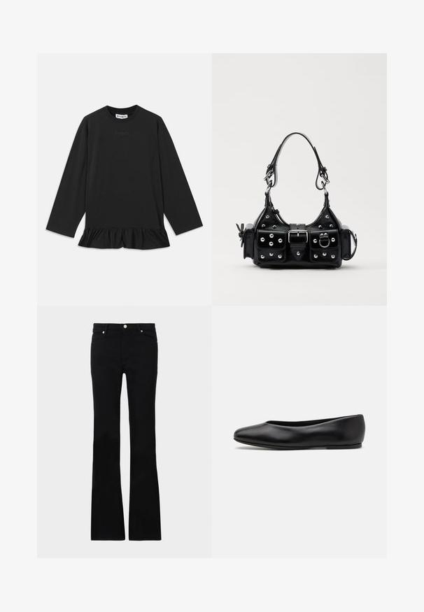 Blusa preta de manga longa com decote redondo, bainha com babados e um detalhe de texto subtil na parte da frente. Feita de material macio e confortável.; Calças pretas de ganga em corte flare, com dois bolsos frontais, fecho com botão e uma textura suave. Costura característica visível nas costuras.; Paul Smith TOPANGA - Sabrinas - black; Bolsa de couro preta com um design curvado, apresentando tachas prateadas, uma fivela e dois bolsos laterais. Alça ajustável para opções de transporte.