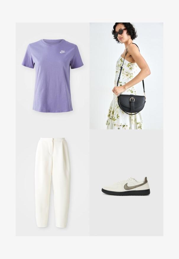 Fialové bavlněné tričko s krátkým rukávem a kulatým výstřihem, se bílým logem Nike na levé části hrudi.; Bílé kalhoty s vysokým pasem a zúženým střihem, se skrytým předním zapínáním a bočními kapsami, vystavené na čistém bílém pozadí.; Nike Sportswear FIELD GENERAL - Tenisky - off-white/black; Černá kožená kabelka s křivkovým tvarem, odnímatelným popruhem a zlatými detaily. Kabelka má klopu s přezkou.