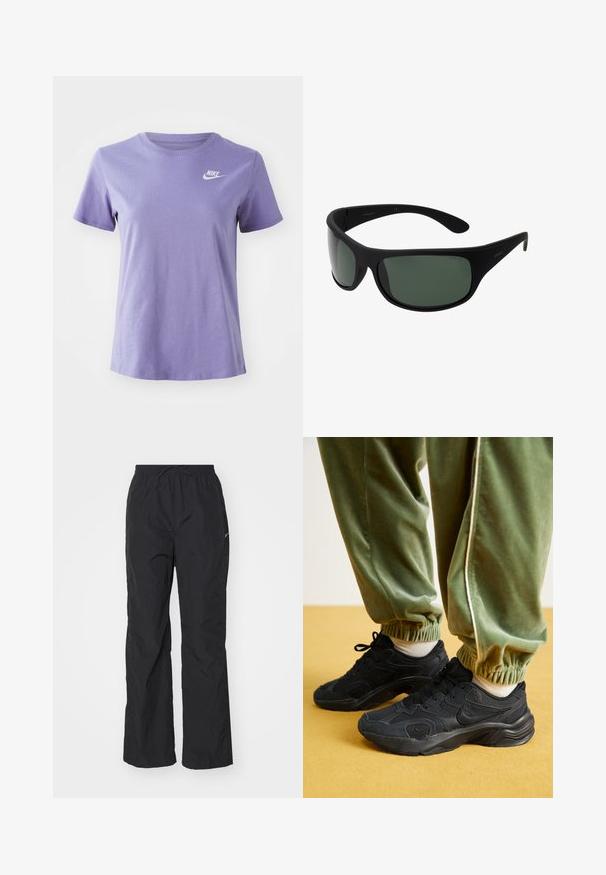 Tricou din bumbac mov cu mâneci scurte și guler rotund, având un logo alb Nike pe partea stângă a pieptului.; Pantaloni negri, ușori, cu talie elastică și șnur. Prezintă o textură fină și un mic logo reflectorizant pe lateral.; Adidași atletici negri cu plasă și suprapunerile sintetice, talpă texturată, asociați cu pantaloni de trening verzi, cu manșete elastice, pe o suprafață galbenă.; Ochelari de soare negri, tip wraparound, cu lentile verde închis. Finisaj mat, design curbat, cu brațe drepte și branding subtil pe lateral.
