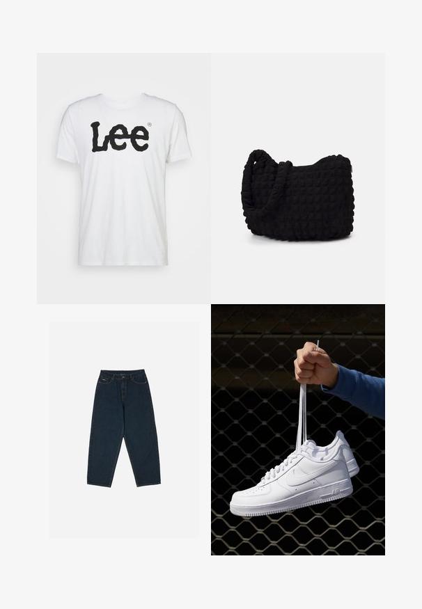 Valge puuvillane T-särk, millel on rindkerel suur must "Lee" logo lainelises fondis. Lühikesed varrukad ja ümmargune kaelus.; Tumedad sinised kõrge vöökohaga teksad, millel on lõtv istuvus, viie tasku ja nööpidega sulgemine. Valmistatud siledast denimist.; Valged nahast tennisetossud, millel on perforatsioonid, ümar nina, lame tallus ja paksud nöörid, nähtava swooshi logoga ja "AIR" kontsadel.; Must mustkott, millel on tekstuuriga tikitud muster. Ümar kuju, lühikesed ja jämedad sangad ning pehme, paindlik struktuur.