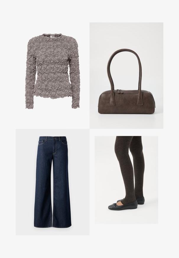 Langærmet mauve bluse med struktureret rynket stof, rund halsudskæring, let flared kant og en knaplukning med nøglehul bagpå.; Bredde ben jeans i mørkeblå denim. Har kontrastsyninger, fem lommer og en knaplukning i taljen. Glat tekstur.; Sorte flade sko med en lille sløjfedetalje ved tåen, parret med mørkebrune ribbede strømpebukser. Skoene har en glat overflade og lav profil.; Brun lædertaske med to robuste håndtag, rektangulær form, glat tekstur og lynlås lukning. Minimalistisk design uden synlige mønstre.