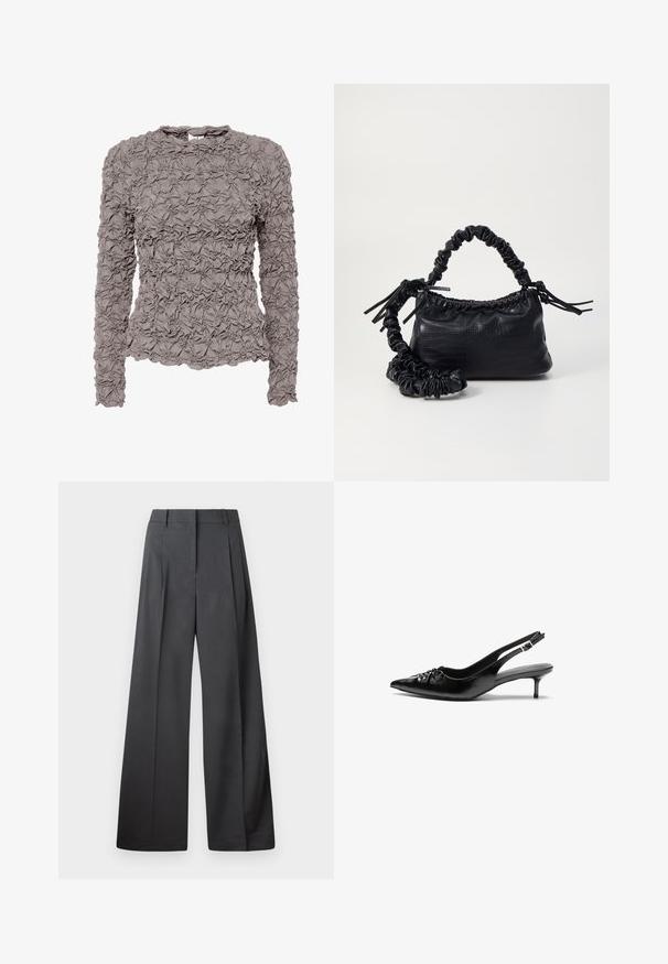Hosszú ujjú mályva színű blúz texturált redőzött anyagból, kerek nyakkivágással, enyhe kiszélesedéssel az alján és hátul gombos nyílással.; Széles szárú nadrág sötétszürke anyagból, magas derekú, egyes redőkkel, sima textúrával és tiszta befejezéssel a szegélyeken.; Fekete bőrből készült slingback magassarkú cipők hegyes orral, kis francia sarokkal és díszes csomóval az elején. Az egész felületen sima textúra.; Fekete műbőr kézi táska krokodil bőr textúrával, összehúzható tetejű és gyűrt pánttal. Lágy és kompakt dizájnúnak tűnik.