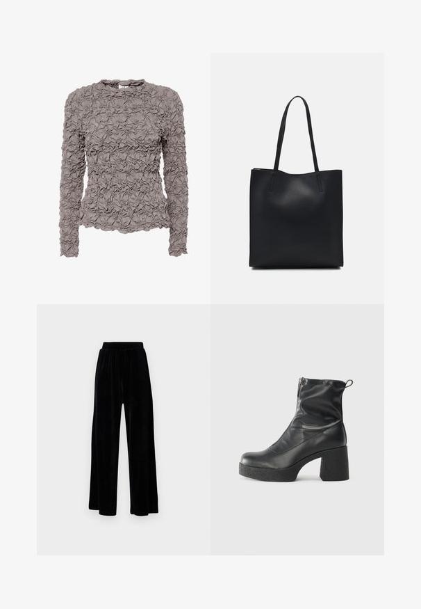 Langärmlige Bluse in Mauve mit strukturiertem Rüschenstoff, Rundhalsausschnitt, leicht ausgestelltem Saum und einer Knopfverschlusseinheit mit Schlüssellochöffnung auf der Rückseite.; Schwarze weit geschnittene Hose aus weichem Samt, mit einem elastischen Bund und einer glatten Textur, ohne sichtbare Details oder Muster.; Schwarze Stiefeletten aus glattem Leder mit seitlichem Reißverschluss, klobigem strukturiertem Absatz und runder Zehenform.; Schwarze Laptoptasche aus Leder mit glatter Textur, rechteckiger Form und zwei langen Griffen. Keine sichtbaren Beschläge oder Verzierungen.