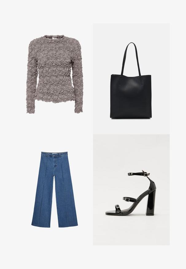 Bluzica z dolgimi rokavi v mauve barvi z teksturiranim nabranim materialom, okroglo izrezom, rahlim razširjenjem na robu in gumbnim zapiranjem na zadnjem delu z odprtino.; Jeans širokih nogavic v srednji modri barvi, z visokim pasom, gumbom in kontrastnimi navpičnimi šivi spredaj.; Črne lakirane sandale s peto, kvadratnim prstom, trakovi okrog gležnja in srebrnimi zaponkami. Opremljene so s stabilno Debelo peto.; Črna usnjena torba s svilnato teksturo, pravokotne oblike in dvema dolgima ročajema. Brez vidnih metalnih delov ali okrasnih elementov.