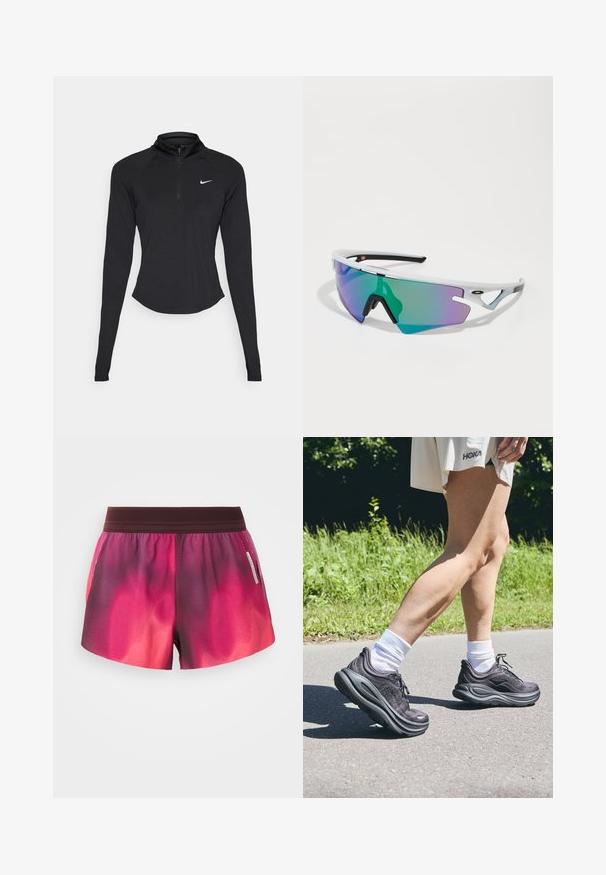 Crna atletska majica dugih rukava s visokim ovratnikom i četvrtim patentnim zatvaračem. Ima prilagođeni kroj i bijeli Nike logo na prsima.; Atletske kratke hlače u ružičastoj i ljubičastoj gradaciji s elastičnom trakom u struku, glatke teksture, i oznakom s strane. Hlače imaju opušteni kroj.; Crne atletske cipele s teksturiranim materijalom, debelim jastučićem, vezicama, u kombinaciji s bijelim čarapama i svijetlosmešavim odjevnim predmetom.; Sportske naočale s bijelim okvirom, velikim lećama u zeleno-ljubičastom gradientu, oštrim dizajnom i crnim naglascima na krakovima i nosaču.