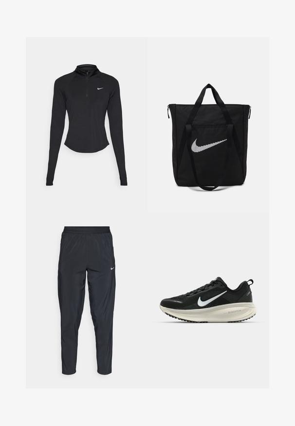 Čierny športový top s dlhým rukávom, vysokým golierom a štvrťzipom. Má priliehavý strih a biele logo Nike na hrudi.; Čierne športové nohavice s elastickým pásom, zúženými nohami a malým bielym logom na ľavom stehne. Ľahký, hladký materiál.; Čierne bežecké topánky Nike s priedušnou sieťovinou, bielym logom s symbolom swoosh, textúrovanými detailmi a krémovou ZoomX medzipodrážkou.; Čierna nylonová taška s dvoma pevnými uchami a zipsovým uzáverom. Obsahuje výrazné biele logo Nike vo vrúbkovanom horizontálnom dizajne.