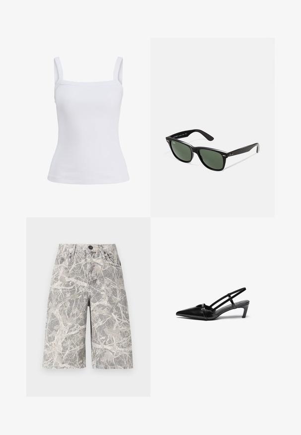 Balta juostelėta liemenėlė su siaurais petnešomis ir prigludusia siluetu, pagaminta iš minkštos medvilnės mišinio audinio. Be raštų ar akcentų.; Kamufliažo raštuotų džinsinių šortų pilkieji ir smėliniai atspalviai, turintys klasikinį penkių kišenių dizainą ir metalinį mygtuką.; Juodi patentiniai odiniai šlepetės su smailiu pirštu, vieno dirželio detalėmis ir žemu, struktūruotu kulnu. Lygus paviršius su minimaliomis detalėmis.; Juodi plastikiniai saulės akiniai su žaliais objektyvais, kvadratiniais rėmeliais, sidabriniu akcentu ant antakio ir tekstūruotais šventyklų šakutėmis. Vidinėje šakutėje nurodyta prekės ženklo pavadinimas.; Juoda neryški oda megzta moteriška rankinė su laisvu dizainu, turinti mazginį diržą ir mažą dekoratyvinį auksinį studą viršuje.; Permatūsis rudas dervos apyrankė su lygiu, apvaliu paviršiumi ir subtilia marmurinėmis linijomis; viduje yra mažas prekės ženklą žymintis etiketė.