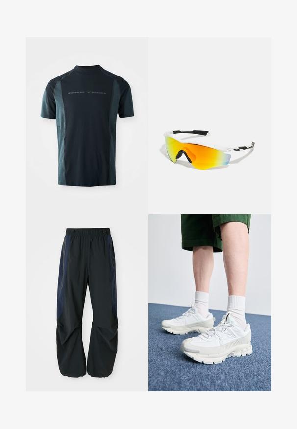 Trumpas rankovėmis Nike Tech marškinėliai, turintys tamsiai mėlyną kūną su šviesiai žaliais šonais ir aukštu kaklu. Logotipas spausdintas priekyje.; Juodos lauko kelnės su laisvu kirpimu, turinčios elastinę juosmenį, tamsiai mėlynas šonines juostas ir užtrauktukais užsegamas kišenes iš abiejų pusių.; Baltos sportinės bateliai su tekstūruotais uždengimais, masyviu padu ir pilkais akcentais. Dėvimi su baltais trumpais kojiniais ir žaliais šortais mėlyname paviršiuje.; Baltos sportinės saulės akinius su lenkta forma, juodais gumos akcentais ir veidrodiniais oranžiniais-geltonais lęšiais, kurie pereina į mėlyną.