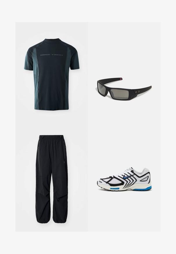 Rövid ujjú Nike Tech póló, sötét tengerészkék testtel, világoskék oldalsó panelekkel és magas nyakkal. A logó a mellen található.; Fekete, könnyű munkásnadrág elasztikus derékrésszel, oldalsó cipzárokkal és tágas zsebekkel. Lazán illeszkedik, és szűkülő bokákkal rendelkezik.; Fehér sportcipő fekete részletekkel, légáteresztő panelek és kék díszítések. Texturált talppal és áramvonalas dizájnvonallal rendelkezik.; Fekete napszemüveg matt felülettel, téglalap alakú lencsékkel, enyhe ívvel a templomokon, diszkrét logó részlettel és füstszínű lencsékkel.