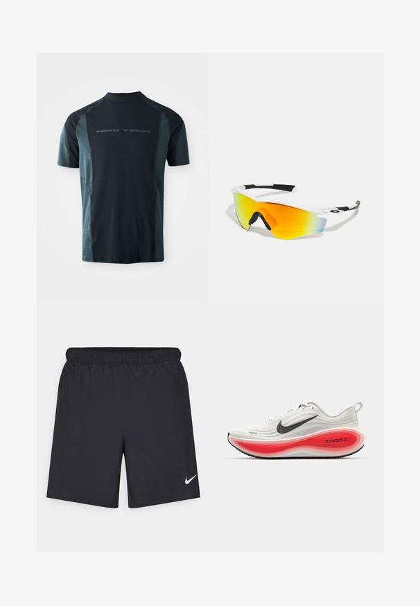 Tričko s krátkým rukávem Nike Tech, s tmavě námořnickým tělem a světle tyrkysovými bočními panely a vysokým límcem. Logo tištěné na přední straně.; Černé sportovní šortky vyrobené z lehkého materiálu s elastickým pasem. Na spodní levé straně mají malé bílé logo Nike.; Běžecké boty Nike s bílým pleteným svrškem, černým swooshem a silnou červenou a bílou polstrovanou podrážkou označenou "ZOOMX." Černá podešev pro trakci.; Bílé sportovní sluneční brýle s zakřiveným designem, černými gumovými akcenty a zrcadlovými oranžovo-žlutými skly, která přecházejí do modré.
