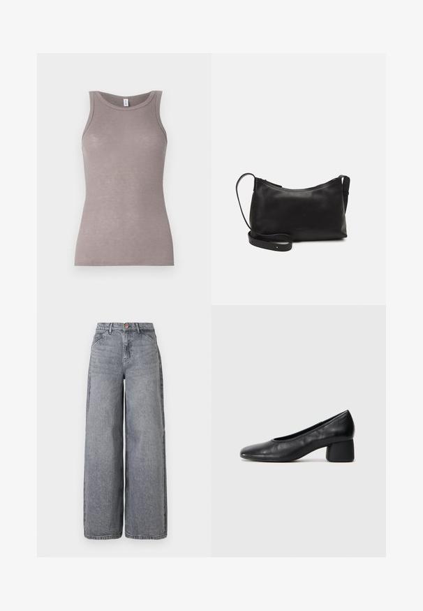 Szürke bordázott ujjatlan top, kerek nyakkivágással. Az anyag puhanak tűnik, testhez simuló silhuettel és finom fénylással.; Széles szárú farmernadrág fakó szürke mosással, öt zsebbel, gombos záródással és puha tapintással, finom viselési részletekkel.; Fekete bőr magassarkú cipő, lekerekített orral és közepes blokk sarkú. Simább textúrájú, minimális díszítéssel, finom elasztikus nyílással.; Fekete bőr válltáska sima felülettel, ívelt formával, állítható pánttal és cipzáras záródással. Minimalista dizájn díszítmények nélkül.