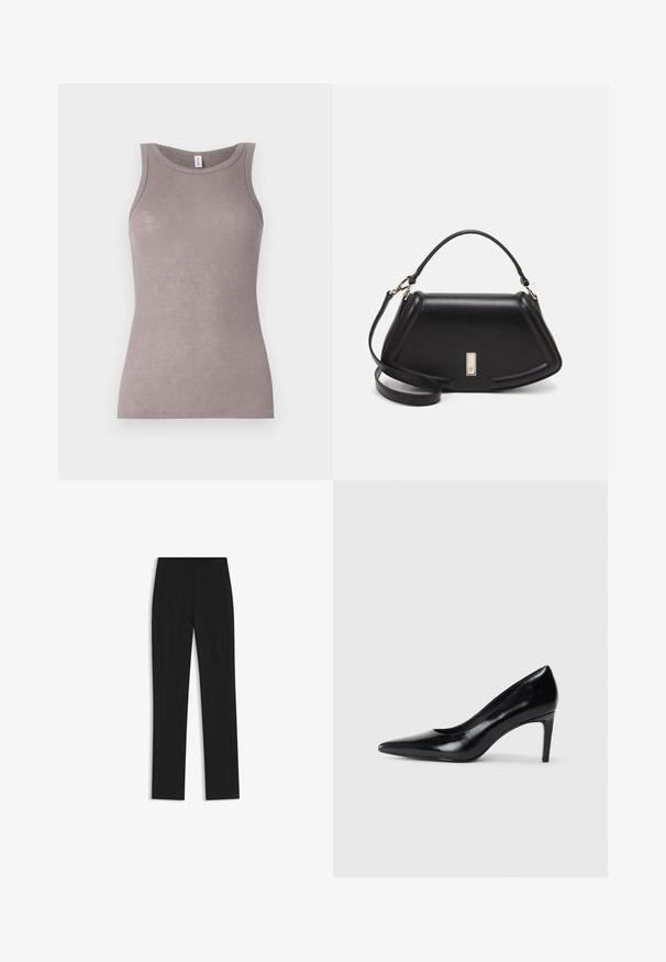Gray ribbed tank top with a round neckline and sleeveless design. The fabric appears soft with a fitted silhouette and subtle sheen.; Black tailored trousers with a straight-leg design, featuring front pockets and a smooth, textured fabric. Neat, minimal detailing.; Black leather high heel shoe with a pointed toe, smooth texture, and a tapered heel. Minimalist design, no additional embellishments.; Black leather handbag with a structured design, featuring a cropped shape, top handle, and gold hardware accent. Adjustable shoulder strap included.