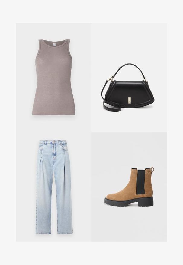 Sivý rebrovaný tielko s okrúhlym výstrihom a bezrukávovým dizajnom. Tkanina vyzerá mäkko, má priliehavý strih a jemný lesk.; Svetlomodré džínsy s vysokým pásom, širším strihom po celej dĺžke, dvoma bočnými vreckami a skladaným dizajnom. Mäkka textúra s vyblednutým vzhľadom.; Hnedé semišové čižmy po členky s čiernym elastickým bočným panelom, masívnou čiernou podrážkou, sťahovacím pútkom na zadnej strane a embosovaným logom "cK" blízko členka.; Čierna kožená kabelka so štruktúrovaným dizajnom, s krátkym tvarom, hornou rúčkou a zlatými prvkami. Súčasťou je nastaviteľný ramenný popruh.
