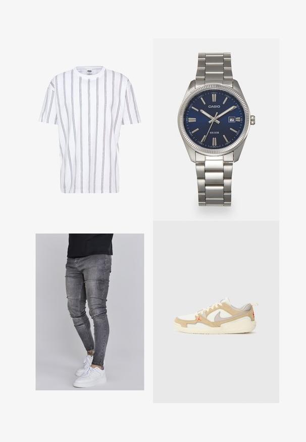 Witte T-shirt met korte mouwen, voorzien van verticale multikleurige strepen. Ronde halslijn en een losse pasvorm, gemaakt van katoen.; Skinny jeans in vervaagd grijs denim, met versleten details op de knieën, gecombineerd met witte sneakers. Gladde textuur, slank model.; Witte en beige sneaker met mesh- en suèdepanelen, grijze accenten, rood logo en oranje treklip. Ronde neus en ontwerpelementen met een gevoerde zool.; Zilveren roestvrijstalen horloge met een marineblauwe wijzerplaat, metalen uurmarkeringen en een datumnis op 3 uur. Waterbestendig tot 50 meter.