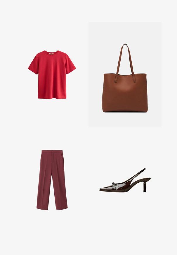 Rød kortærmet T-shirt lavet af bomuld, med rund hals, afslappet pasform og glat tekstur, uden synlige mønstre eller detaljer.; Bordeaux bredde bukser med en glat tekstur, der har sidelommer og et højt talje design. Skræddersyet med en ren frontfold.; Brun patentlæder slingback sko med spids tå, lav hæl og en dekorativ sløjfe foran. Glat, skinnende tekstur.; Brun læder tote taske med en glat overflade, åben topdesign og to skulderremme. Har minimal syning og ingen synlig hardware.