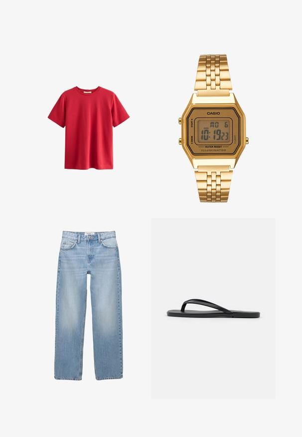 Červené tričko s krátkym rukávom vyrobené z bavlny, s okrúhlym výstrihom, voľným strihom a hladkou textúrou, bez viditeľných vzorov alebo akcentov.; Svetlomodré džínsy s rovnými nohavicami, päť vrecovými detailmi a viditeľným šitím. Tkanina má mäkkú, jemne vyblednutú textúru.; Čierne žabky s minimalistickým dizajnom, rovnou podrážkou, úzkymi popruhmi a hladkým povrchom. Bez ďalších vzorov alebo akcentov.; Zlaté digitálne hodinky s obdĺžnikovým ciferníkom, LCD displejom, nerezovým pásikom a tlačidlami na boku. Obsahujú označenie vodeodolnosti.
