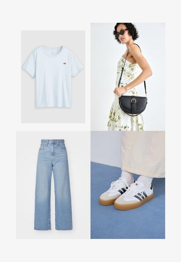 Levi's® Plus PERFECT TEE RAITA - T-shirts - skyway; Lys blå høytlivs vide jeans med knapp- og glidelås lukking foran, foran og bak lommer, på en hvit bakgrunn.; Hvite sneakers med svarte striper og beige semsket skinn-detaljer. Har en teksturert gummisåle og flate hvite snører, brukt med lyse sokker.; Svart lærveske med en buet form, avtagbar stropp og gullbeslag. Vesken har et klaff med spenne-detall.