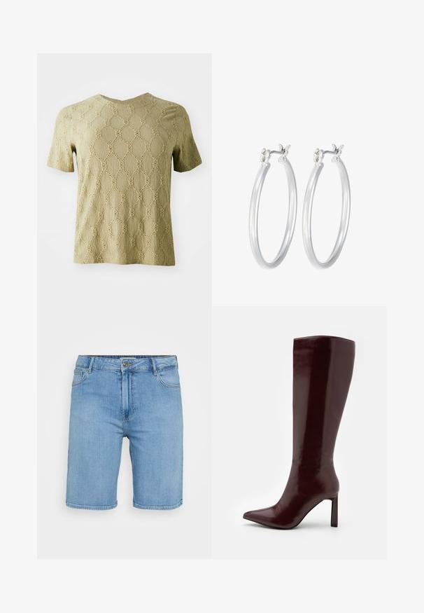 Švarkelis su trumpomis rankovėmis šviesiai alyvuogių spalvos, su tekstūruota paviršiumi, kuriame yra deimanto raštas ir apskritimo išpjovos visame audinyje.; Šviesiai mėlyna džinsinė marškinė su trumpomis rankovėmis, turinti dvi priekines kišenes ir papuošta mažais sidabriniais blizgučiais visame paviršiuje.; Šviesiai mėlynos džinsinės šortai su klasikinio kirpimo, turintys priekinį mygtuką, diržo kilpas ir dvi šonines kišenes. Lygus paviršius ir tiesus apvadas.; Even&Odd Batai - dark red; Sidabriniai auskarai su sklandžiu, poliruotu paviršiumi. Apvalios formos ir saugus uždarymo mechanizmas. Lengvas dizainas, tinkantis kasdieniam dėvėjimui.