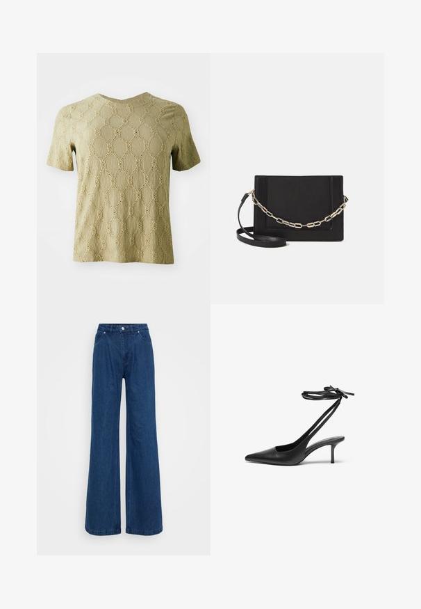 Short-sleeve top in light olive green with a textured surface featuring a diamond pattern and circular cut-outs throughout the fabric.; Wide-leg blue denim jeans with a high waist, front button and zipper closure, and front and back pockets against a plain background.; Black leather stiletto shoe with a pointed toe, open back, and ankle straps tied in a bow. Slim 3-inch heel. Smooth texture, minimalist design.; Black leather crossbody bag featuring a smooth texture, rectangular shape, and a metallic chain detail on the front. Adjustable strap included.