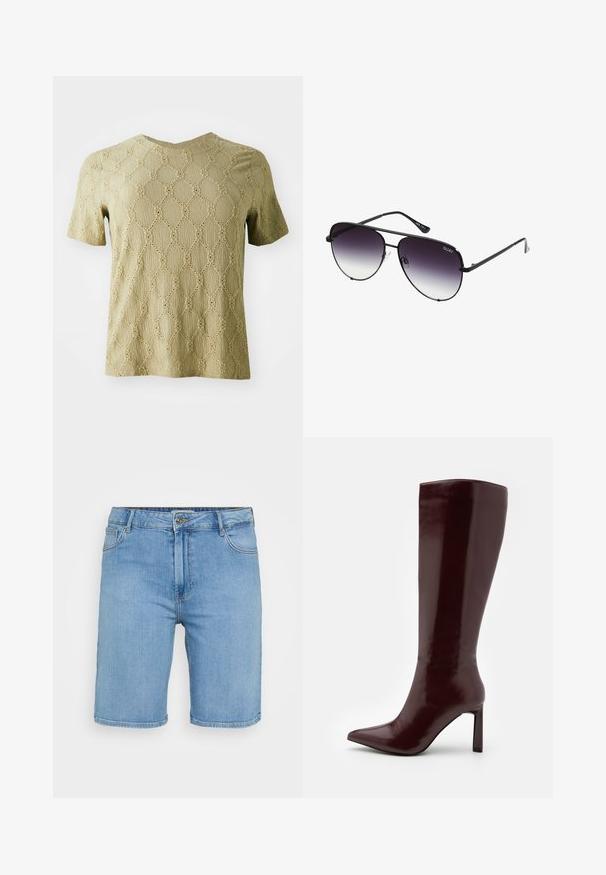 Lyhythihainen paita vaaleanolivevihreänä, jossa on teksturoitu pinta, jossa on timanttikuosi ja ympyräaukkoja kankaassa.; Vaaleansinisiä farkkushortseja klassisella leikkauksella, joissa on etunappikiinnitys, vyölenkit ja kaksi sivutaskua. Pehmeä pinta ja suora helma.; Even&Odd Saappaat - dark red; Pari mustavärisiä pilottilaseja, joissa on harmaat liukuvärioptiikat, ohuet metalliset kehykset ja pieni logo linssissä.; Hope-silver rengas, joissa on sileä ja kiillotettu pinta. Pyöreä muoto ja turvallinen napsautettava lukitus. Kevyt muotoilu sopii päivittäiseen käyttöön.