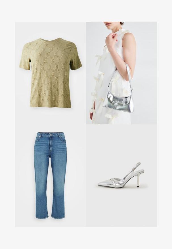 Kortermet topp i lys olivengrønn med en teksturert overflate som har et diamantmønster og sirkulære utskjæringer gjennom stoffet.; Lyseblå denimjeans med rett ben-design, som har fem lommer, beltehemper og subtil falming på forsiden.; Sølv slingback høyhelte sko med spiss tå, metallisk finish, to dekorative stropper, og en slank hæl med svart tupp.; Sølvmetallisk håndveske med en strukturert form, med en topphåndtak og sløyfedetalj foran. Glatt tekstur, reflekterende overflate.; Fire par med sølvøredobber: to blanke glatte hoop-design, ett med tekstur og ett dekket med små klare rhinestones.