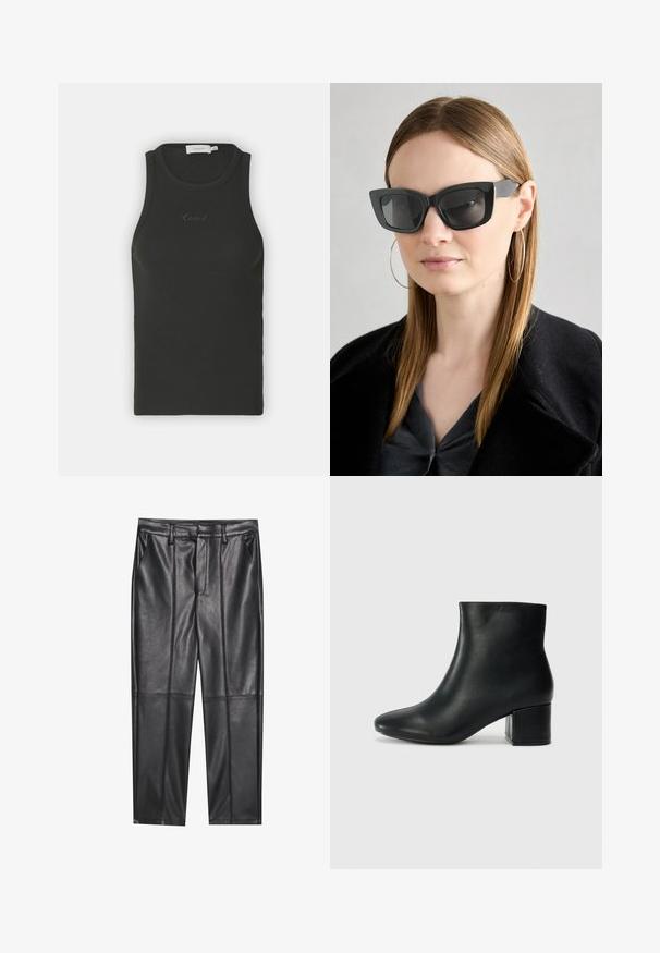 Zwarte geribde top met ronde halslijn, voorzien van het geborduurde "Coach" logo op de borst. Gemaakt van een zachte, rekbare stof.; Zwarte leren broeken met een gladde textuur, voorzien van een rechte pasvorm, twee voorzakken en zichtbare naaddetail.; Zwarte leren enkellaarzen met een spitse neus en een chunky hak. Gladde textuur met minimale accenten en een slank, strakk ontwerp.; Zwarte cat-eye zonnebril met donkere lenzen, dikke monturen en subtiele accenten. Draagt een zwarte jas en een grijze top, met lang stijl haar.