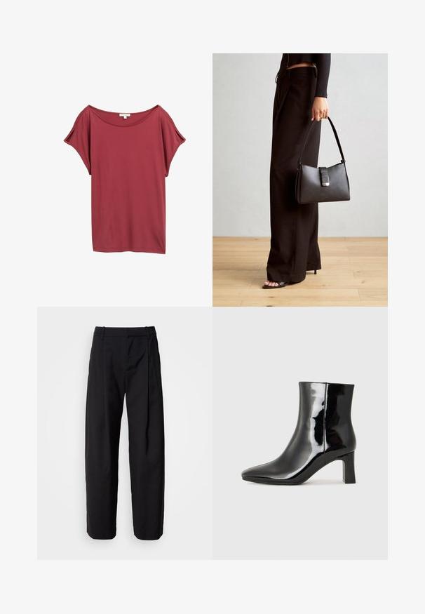 Punainen, lyhythihainen paita, jossa on leveä kaula-aukko. Valmistettu pehmeästä, laskeutuvasta kankaasta; sisältää rentoa istuvuutta ja sileän pinnan.; Mustat housut rentoa istuvuutta, laskostettu etuosa ja vyölenkit. Sileä kangas ja suorat lahkeet, joissa on sivutaskut.; Musta patenttilakattu nilkkuri, jossa on terävä kärki ja keskipitkä lohkarekorko. Silkkinen pinta ja minimalistinen muotoilu.; Musta käsilaukku, jossa on rakenteellinen muoto, sileä pinta ja metallinen solki. Yhdistetty leveisiin mustiin housuihin ja avonaiheisiin sandaaleihin puulattialla.