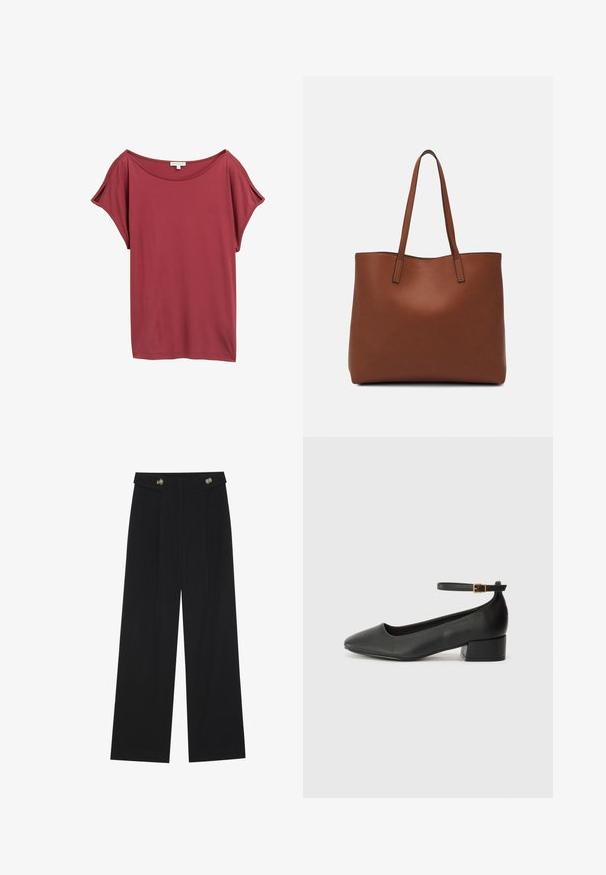 Piros, rövid ujjú felső, széles nyakkivágással. Puha, redőző anyagból készült; laza illeszkedést és sima textúrát kínál.; Fekete, bő szárú nadrág magas derékkal, gombos részletekkel a derékrészen és elülső pliszékkal.; Fekete bőr magassarkú cipő hegyes orral és alacsony tömb sarkal. Bokapánttal rendelkezik, aranyszínű csattal. Simább textúra.; Barna bőr vászontáska sima textúrával, nyitott tetejű dizájnnal és két vállpánttal. Minimális varrással és látható hardver nélkül készült.