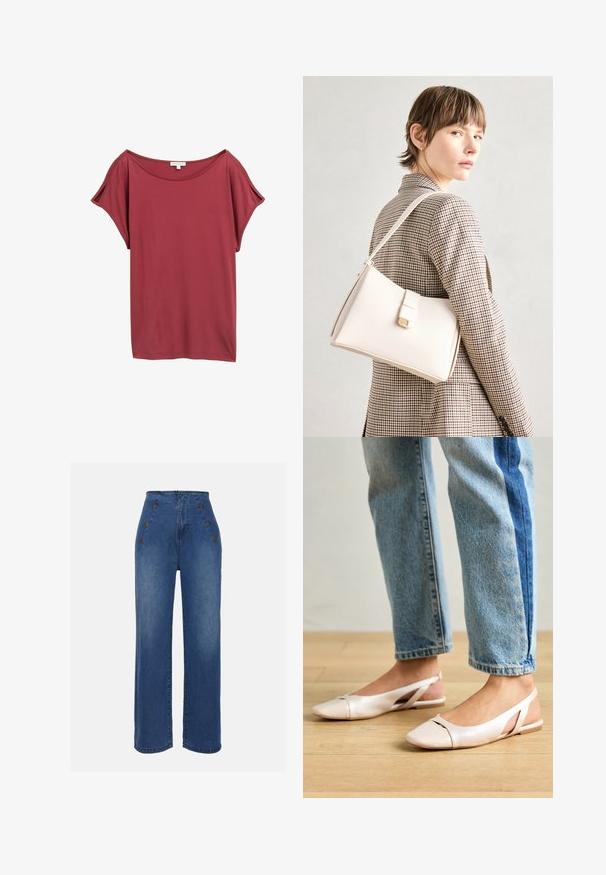 Rdeča kratka majica s kratkimi rokavi in širokim izrezom. Narejena je iz mehkega, padajočega materiala; ima sproščen kroj in gladko teksturo.; Hlače iz jeansa z visokim pasom v srednje modri barvi. Imajo okrasne gumbe spredaj in širok kroj. Tkanina ima gladko teksturo z rahlim zbledelostjo.; Svijetloružičaste slingback balerinke s šiljastim nožnim prstima, napravljene od glatkog materijala nalik koži. Imaju izrezane detalje sa strane i ravne pete.; Bela usnjena torba s strukturirano zasnovo, opremljena z magnetnim zapiranjem in naramnico, prikazana na nevtralni ozadju.