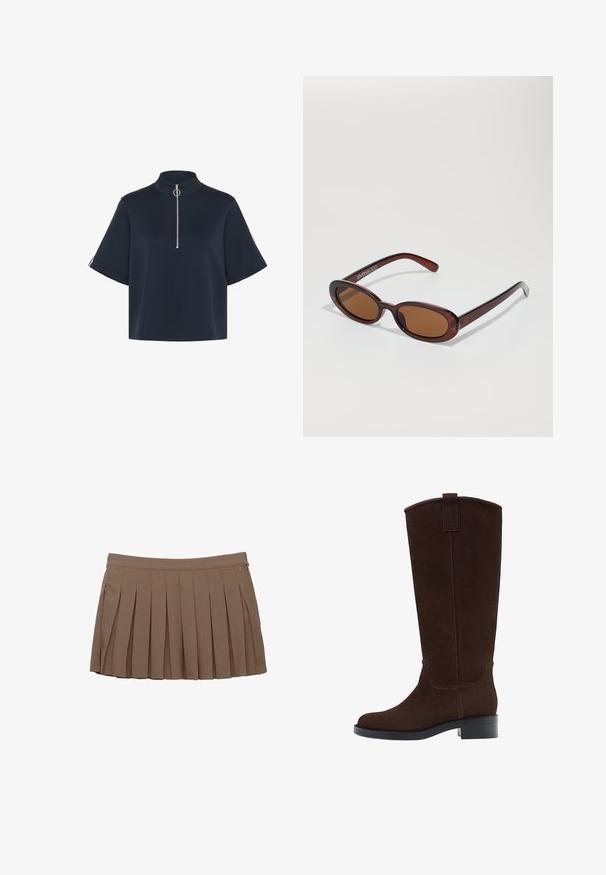 Kaffe KASIF - T-shirt - bas - midnight marine; Brun plisserad minikjol med midjeband och subtil logotypdetalj på en vit bakgrund.; Bruna mockaknyxor till knäna med rund tå, subtil sömnad och låg blockklack; har en dragflik högst upp för enkel påtagning.; Runda, bruntonade solglasögon med en glansig bordeauxfärgad ram. Smala bågar med subtilt varumärkesdetalj. Platt linsdesign.; Brun vävd läderhandväska med en slapp, triangulär form. Har ett flätat handtag och en dragkedjestängning längs toppen.