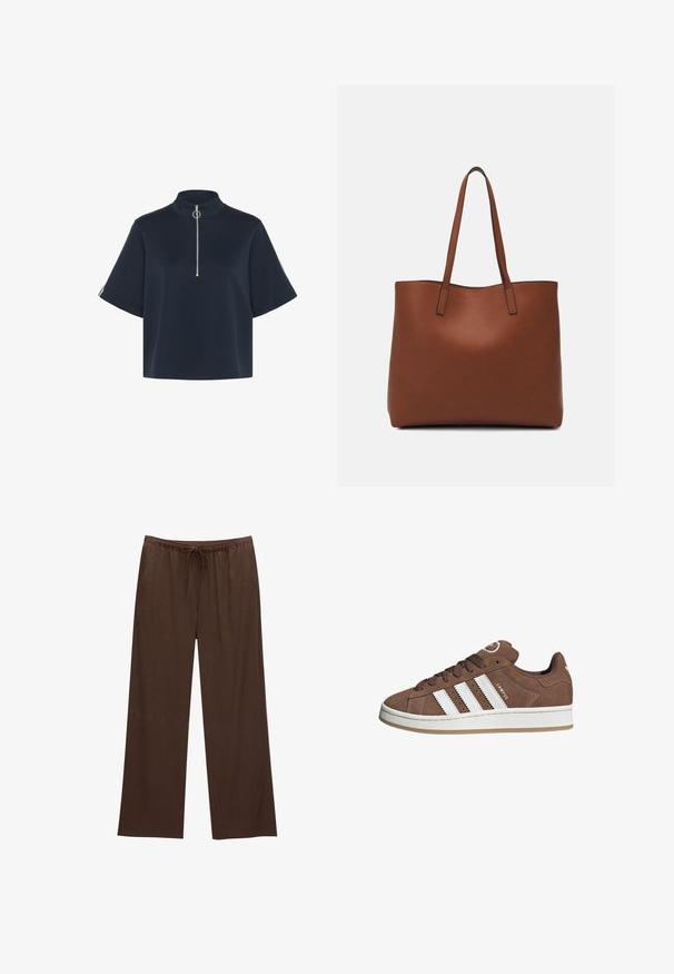 Kaffe KASIF  - Jednoduché tričko - midnight marine; Hnědé široké kalhoty vyrobené z měkkého materiálu, s elastickým pasem na šňůrku a dvěma bočními kapsami.; Hnědé semišové tenisky s bílými koženými pruhy, gumovou podrážkou, kulatou špičkou a šněrováním vpředu. Mají logo na jazyku a perforované detaily.; Hnědá kožená taška přes rameno s hladkou texturou, otevřeným designem a dvěma ramenními popruhy. Obsahuje minimální švy a žádné viditelné kovové prvky.