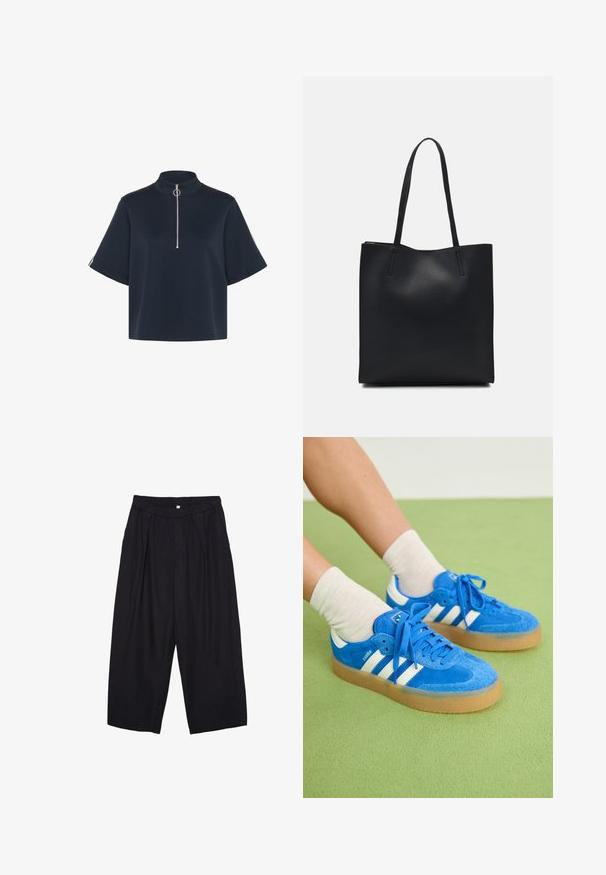 Kaffe KASIF  - Navadna majica - midnight marine; Črne poliesterske culotte hlače z elastičnim pasom, dvema sprednjima nabiranjema in ohlapnim krojem. Brez vidnih vzorcev ali kovinskih detajlov.; Modre semiš tene z belimi črtami, gumijastim podplatom, okroglo konico in platnenimi vezalkami. Ujemajo se s smetana nogavicami na zeleni površini.; Črna usnjena torba s svilnato teksturo, pravokotne oblike in dvema dolgima ročajema. Brez vidnih metalnih delov ali okrasnih elementov.