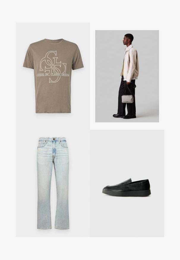 Braunes Baumwoll-T-Shirt mit einem weißen Grafikdesign, das ineinandergreifende Buchstaben und den Text "GUESS?, INC. CLASSIC DESIGN" auf der Vorderseite zeigt.; Helle blaue Denim-Jeans mit hoher Taille, geradem Beinanschnitt und sanften Verwaschungen. Verfügt über fünf Taschen und einen Metallknopfverschluss.; Calvin Klein HYBRID CUP - Slipper - triple black; Helles beiges Sakko mit elastischem Saum, kombiniert mit einem grünen Hemd und schwarzen Hosen. Trägt eine kleine graue Umhängetasche. Schwarze Schuhe.
