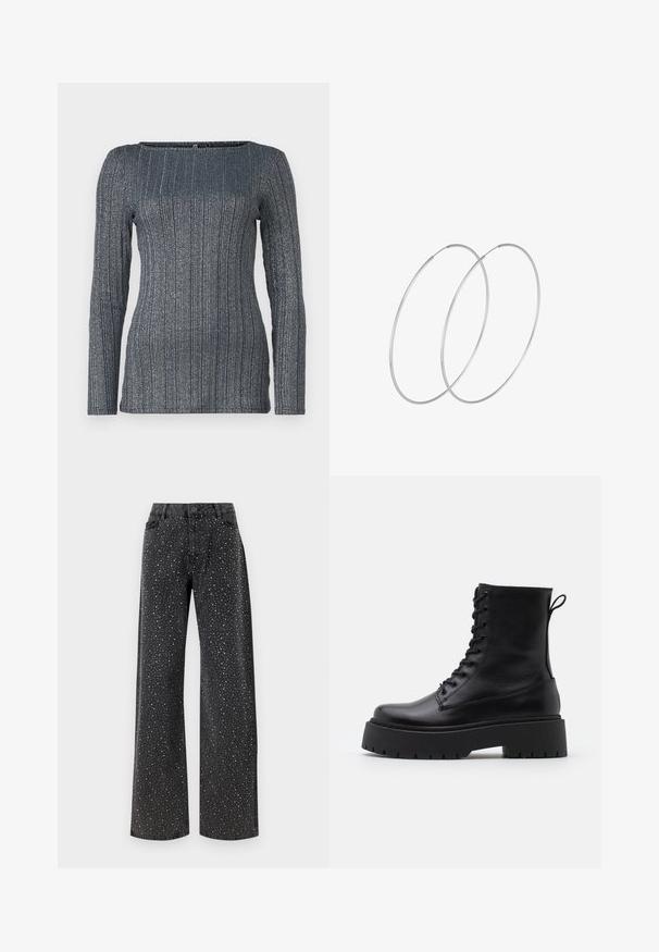 Dopasowana bluzka z długim rękawem w ciemnym granacie, o pionowej fakturze prążkowanej i subtelnych metalicznych włóknach. Kwadratowy dekolt. Miękki, elastyczny materiał.; Noisy May NMJANNEL czarny denim; Czarne skórzane botki za kostkę z okrągłym noskiem, sznurówką z przodu i grubą gumową podeszwą z teksturowanym bieżnikiem. Pętelka do zakładania z tyłu.; Srebrne kolczyki w formie obręczy o minimalistycznym designie. Okrągły kształt, gładka faktura i cienki profil. Lekkie, z polerowanym wykończeniem.