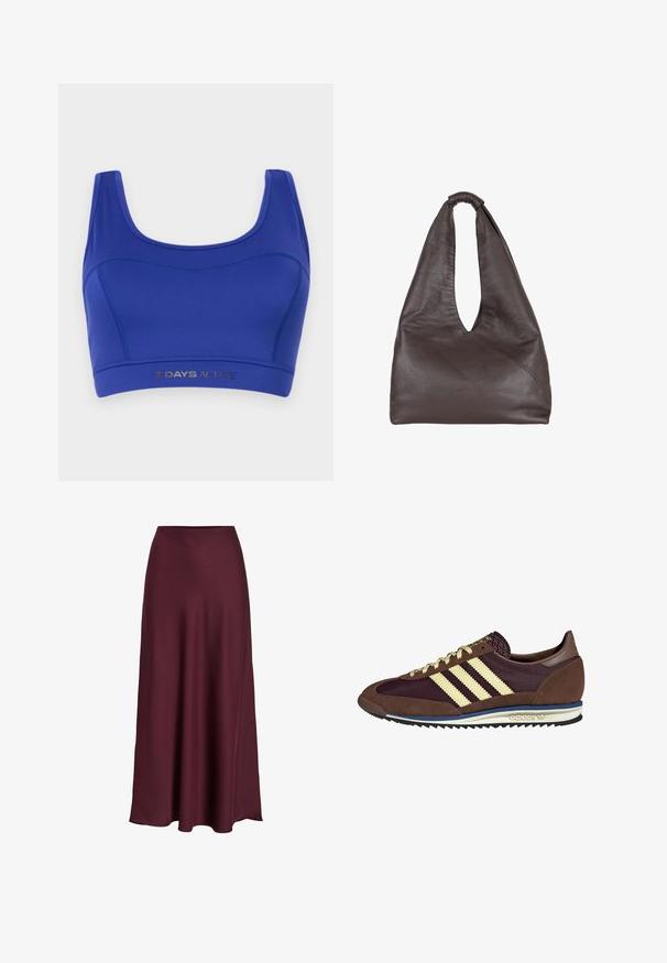 Modra športna bralette iz raztegljive tkanine. Ima krojen ovratnik, široke naramnice in spodnji elastični pas s tiskom "7 DAYS ACTIVE" v srebrni barvi.; Burgundska satenska maxi krila z gladko teksturo, visokim pasom in tekočim silhueto, ki se nežno širijo proti robu.; Rjavi in rdeče-burgundske teniske iz usnja in mrežastega materiala, ki imajo tri smetane stripe, teksturirano blago na jeziku in gumijast podplat.; Rjava usnjena torba s spuščeno, prenapolnjeno zasnovo. Ima zanko za ročaj in globok V-izrez za enostaven dostop. Mehka tekstura, minimalistični slog.
