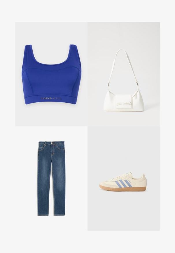 Blue activewear bra made of stretchy fabric. Features a scoop neck, wide straps, and a lower elastic band with "7 DAYS ACTIVE" printed in silver.; Dark blue denim jeans with a straight fit, five pockets, subtle stitching detail, and a metal button at the waist.; Cream sneakers with light blue stripes and “Samba” text. Features a textured gum rubber sole and smooth leather upper.; White synthetic handbag with a triangular shape, flat front flap and bow detail, adjustable strap, smooth texture, and minimalistic design.