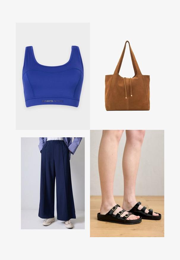 Sutien de sport albastru realizat dintr-un material elastic. Dispune de un gât semicircular, bretele late și o bandă elastică inferioară cu inscripția "7 DAYS ACTIVE" imprimată în argintiu.; Pantaloni largi de marina, cu talie elastică, având buzunare laterale și o textură de țesătură netedă. Asortați cu adidași albi.; Sandale negre din material fin, cu trei bretele ajustabile și catarame aurii, având o talpă plată cu textură antiderapantă.; Geantă tote din suede maro cu două mânere lungi, închidere prin șnur și un design minimalistic. Textură netedă și fără accente vizibile de hardură.