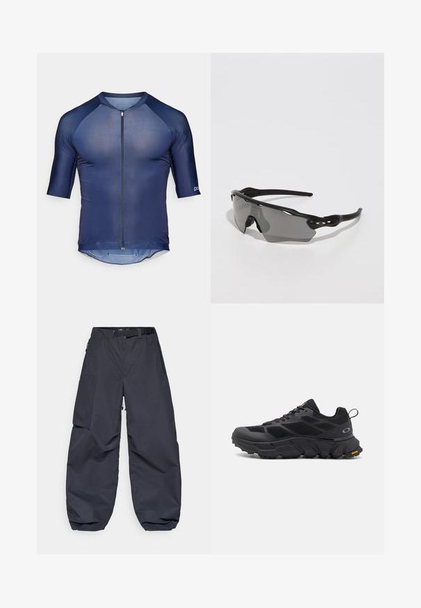 Marineblå kortærmet cykeltrøje med lynlås fortil, lavet af letvægtsstof. Har raglanærmer og en buet bund bagpå.; Mørkegrå cargo bukser lavet af et blødt, holdbart materiale. De har en bred, løs pasform, flere lommer og et taljebælte til justering.; Sorte sportsko med en kraftig sål, mesh- og syntetisk overdel, teksturerede detaljer og Vibram-branding på ydersålen.; Sorte sports solbriller med et slankt design, indpakkende linse, gråt tonet glas og teksturerede sorte templer. Ingen synlige logoer.