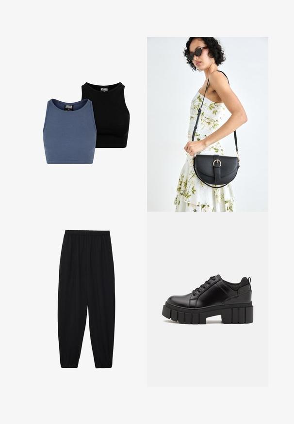 To ribbede crop topper i blå og sort, med rund hals og en tætsiddende pasform, lavet af strækbart stof for en komfortabel pasform.; Svarte, lette bukser med elastisk liv og rynkede ankler. Stoffet er glatt og har en avslappet, innsvingt design.; Svarte lærplattformsko med kraftig blokkhell, rund tå og tradisjonell snøring. Har en jevn tekstur og minimal detaljering.; Svart lærveske med en buet form, avtagbar stropp og gullbeslag. Vesken har et klaff med spenne-detall.