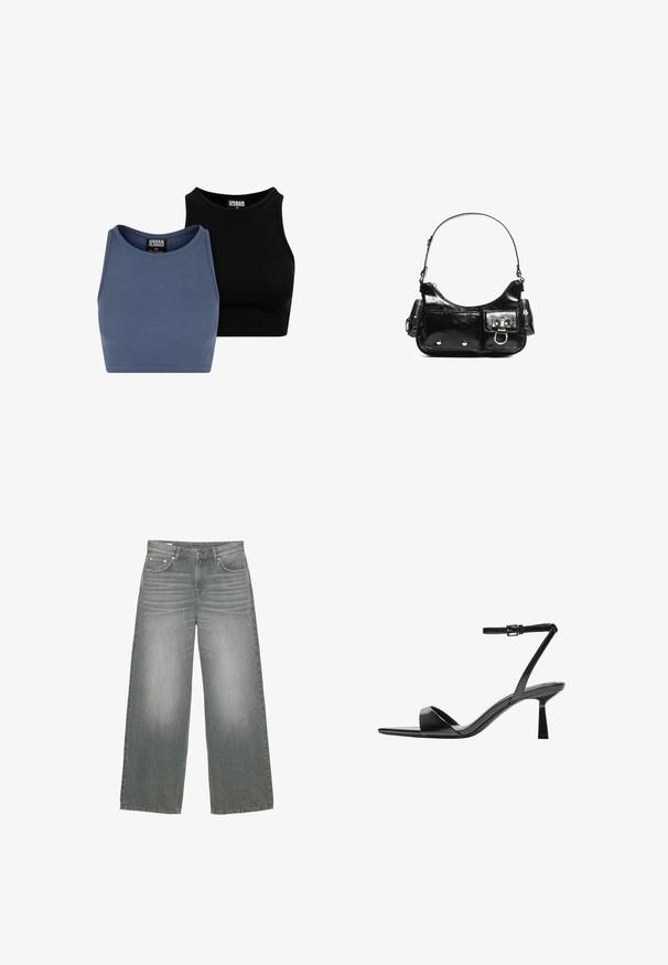 Két bordázott crop top kék és fekete színben, kerek nyakkivágással és testhez simuló dizájnnal, rugalmas anyagból, amely kényelmes illeszkedést biztosít.; Széles lábú, szürke farmernadrág, amely enyhén kopott textúrával, öt zsebes kialakítással és klasszikus gombos-cipzáras záródással rendelkezik.; Bershka Magas sarkú szandálok - black; Fekete lakkbőr kézitáska ívelt formával, egy vállpánttal, elülső zsebekkel és ezüstszínű fémrészletekkel.