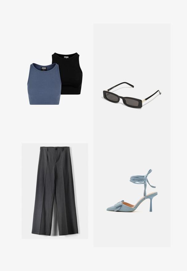 Dvé žebrované krátké topy v modré a černé barvě, s kulatým výstřihem a přiléhavým střihem, vyrobené z elastického materiálu pro pohodlné nošení.; Kalhoty s širokými nohavicemi vyrobené z tmavě šedé látky, s knoflíkovým zapínáním, předními sklady a poutky na pásek. Hladká textura s přizpůsobeným střihem.; Lodičky s špičatou špičkou v světle modré tkanině s texturovaným povrchem, s mašlí a kotníkovým páskem pro bezpečné uchycení.; Černé obdélníkové sluneční brýle s tmavými skly, lesklými plastovými rámy a zlatými akcenty na spáncích. Minimalistický design a štíhlý tvar.; Černá lakovaná kožená kabelka s křivkovým tvarem, jedním ramenním popruhem, předními kapsami a stříbrnými kovovými detaily.