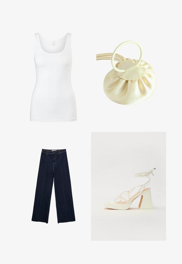 Weißes Tanktop aus glattem, dehnbarem Material. Hat einen runden Ausschnitt und keine Verzierungen. Klassisches, ärmelloses Design.; Weite dunkle Jeanshose mit Kontrastnähten, hoher Taille und geradem Schnitt. Verfügt über Fronttaschen und einen klassischen Knopfverschluss.; Weiße High-Heel-Sandale mit einem klobigen Absatz, die über ein Riemchendesign und ein Knöchelband verfügt. Glatte Textur mit einer Plattform vorne für zusätzliche Höhe.; Cremefarbene Satin-Zugtasche mit rundem Boden, geraffter Textur und zwei Schlaufengriffen, die aus glattem Stoff und einem gestickten Akzent besteht.