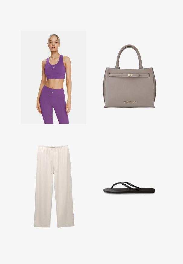 Ljubičasti sportski grudnjak i visokotalne tajice od rastezljivog materijala, s malim logom na prsima i bezšavnom dizajnom za udobnost.; Svijetle široke hlače izrađene od mekog materijala s elastičnim pojasom i podesivom vezicom za udobnost.; Crne japanke s teksturiranom gumenenom potplatom, dva uska remena i suptilnim, urezanim logom na remenu.; Siva kožna torba sa strukturiranim oblikom, dvostrukim ručkama, prednjim preklopom sa zlatnim kopčanjem i urezanim logotipom na dnu.