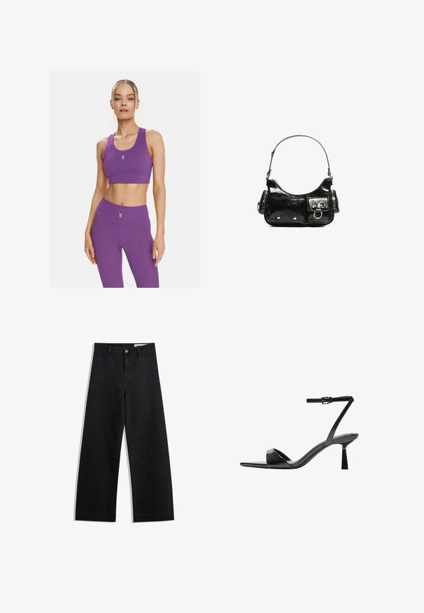 Fioletowy stanik sportowy i legginsy z wysokim stanem wykonane z elastycznego materiału, z małym logo na klatce piersiowej i bezszwowym fasonem dla wygody.; Czarne dżinsowe spodnie o szerokich nogawkach i wysokim stanie, z przednimi i tylnymi kieszeniami, przeszyciami oraz zapięciem na guziki. Gładka struktura.; Bershka - Sandały na obcasie; Czarna torebka z lakierowanej skóry o zaokrąglonym kształcie, z jednym paskiem na ramię, przednimi kieszeniami i akcentami w kolorze srebrnym.