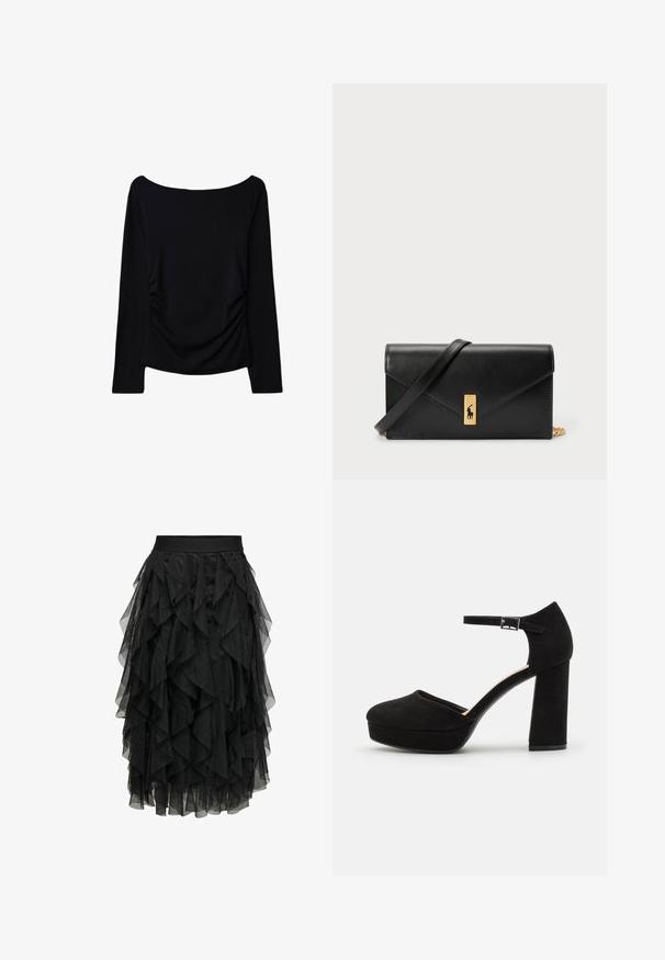 Black long-sleeve top with an off-the-shoulder neckline, featuring side ruching for added texture and a smooth, stretchy fabric.; Black midi skirt made of layered tulle with a ruffled design. Features an elastic waistband. Transparent fabric adds texture and movement.; Black suede platform heels with a thick block heel, rounded toe, and ankle strap secured by a metal buckle. Smooth texture throughout.; Black leather wallet with a fold-over flap, gold hardware, featuring a logo accent. Includes a detachable strap for carrying.